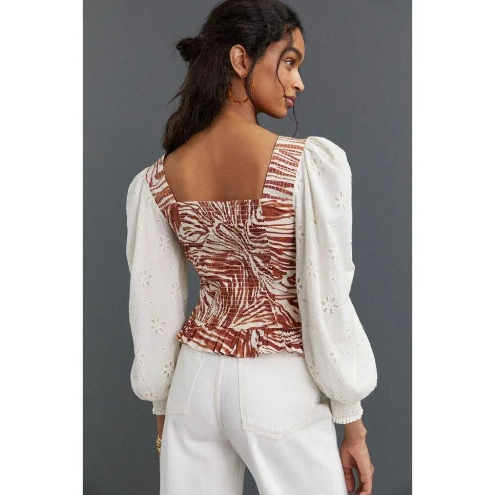 Anthropologie Love The Label Smocked Eyelet Puff Sleeve Blouse Top S New